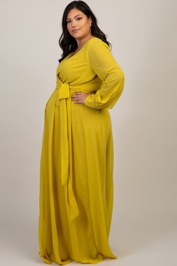 Yellow Chiffon Long Sleeve Plus Maternity Maxi Dress
