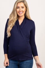 Navy Blue Long Sleeve Wrap Maternity/Nursing Top