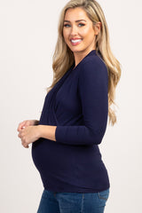 Navy Blue Long Sleeve Wrap Maternity/Nursing Top