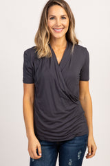 Charcoal Solid Short Sleeve Wrap Front Nursing Top