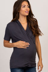 Charcoal Solid Short Sleeve Wrap Front Maternity/Nursing Top