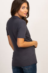 Charcoal Solid Short Sleeve Wrap Front Maternity/Nursing Top