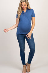Blue Solid Short Sleeve Wrap Front Maternity/Nursing Top