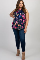 Navy Floral Sleeveless Plus Maternity Top