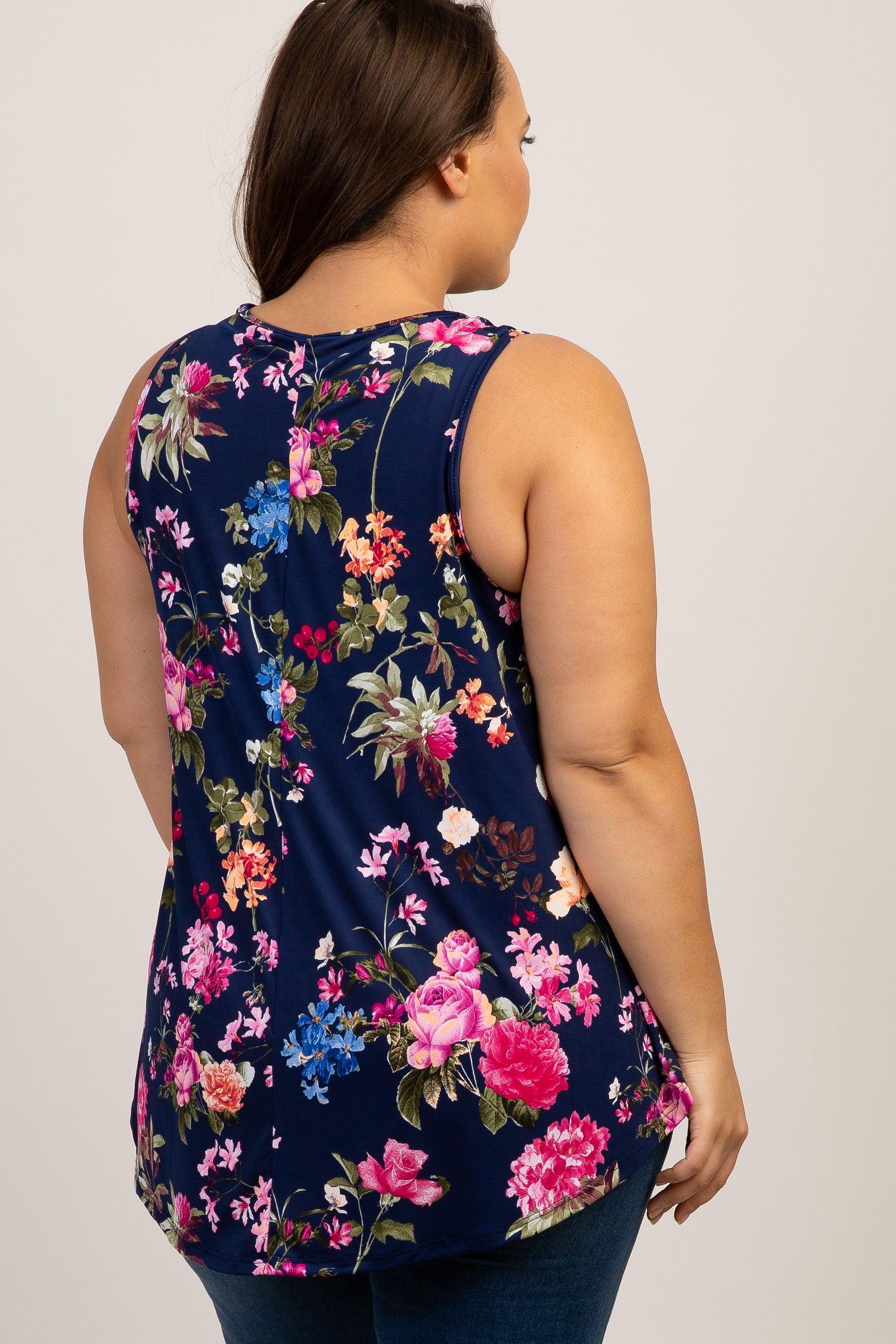 Navy Floral Sleeveless Plus Top