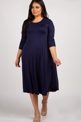 Navy Blue 3/4 Sleeve Maternity Plus Swing Midi Dress