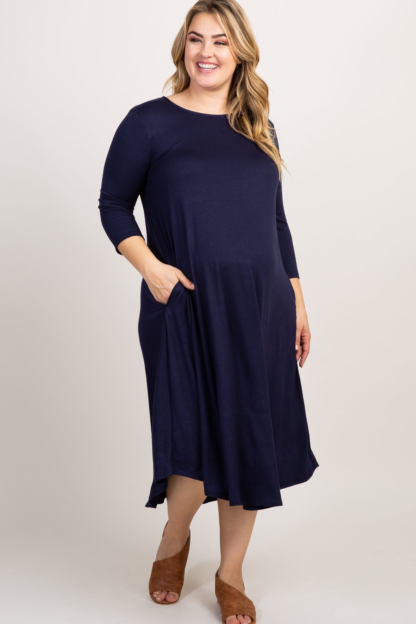 Navy Blue 3/4 Sleeve Maternity Plus Swing Midi Dress