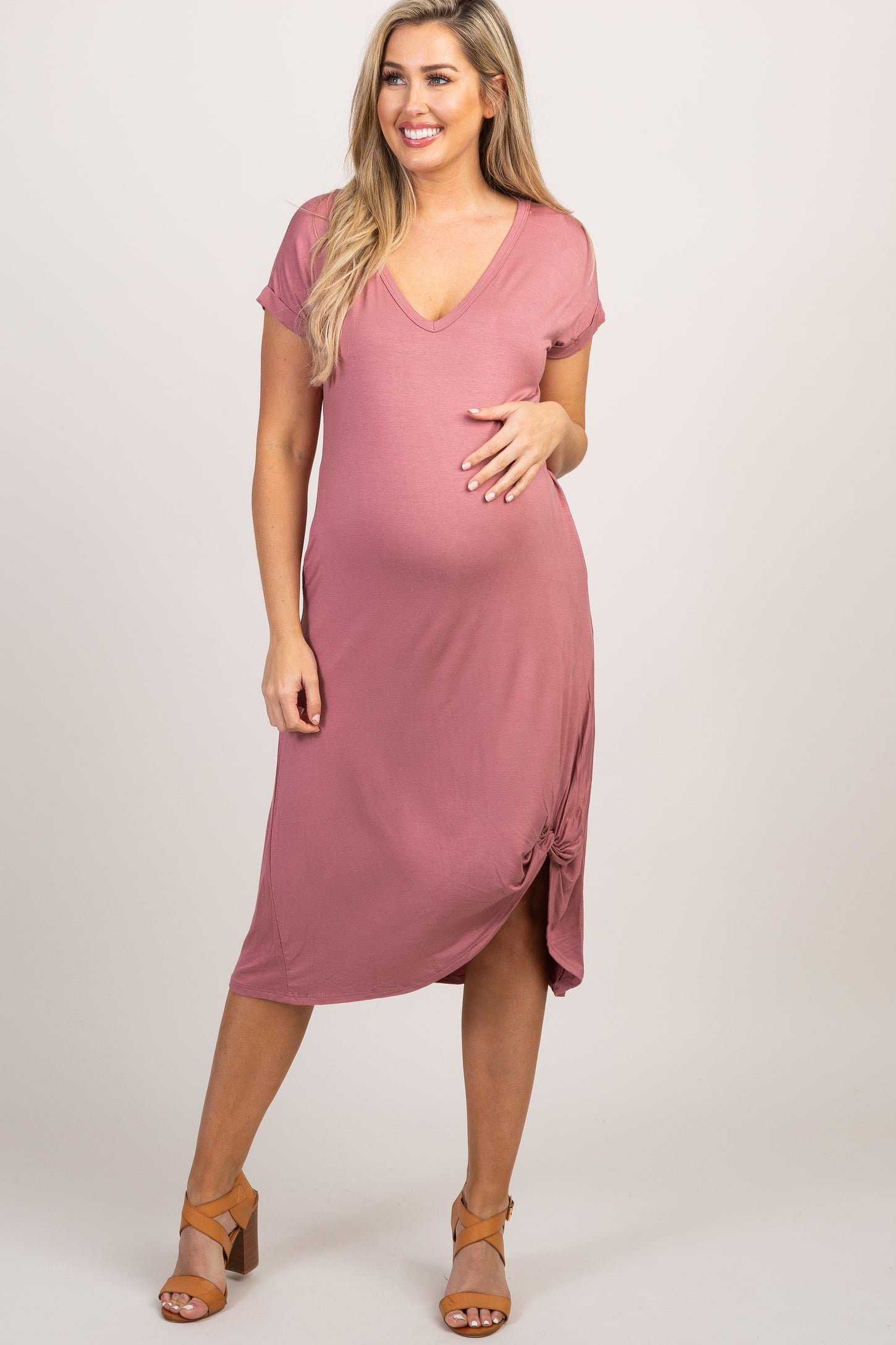 Mauve Short Sleeve Knot Maternity Dress