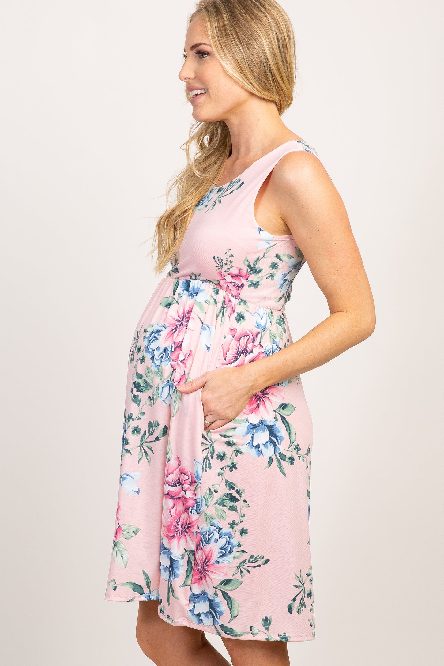 Pink Floral Sleeveless Maternity Dress