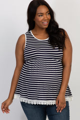 Navy Blue Striped Crochet Trim Plus Maternity Tank Top