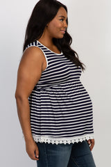 Navy Blue Striped Crochet Trim Plus Maternity Tank Top