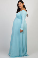 PinkBlush Light Blue Solid Off Shoulder Maternity Maxi Dress