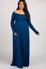 PinkBlush Teal Solid Off Shoulder Maternity Plus Maxi Dress