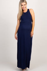 Navy Blue Solid Sleeveless Maternity Maxi Dress
