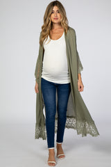 Olive Solid Scalloped Embroidered Lace Maternity Cardigan