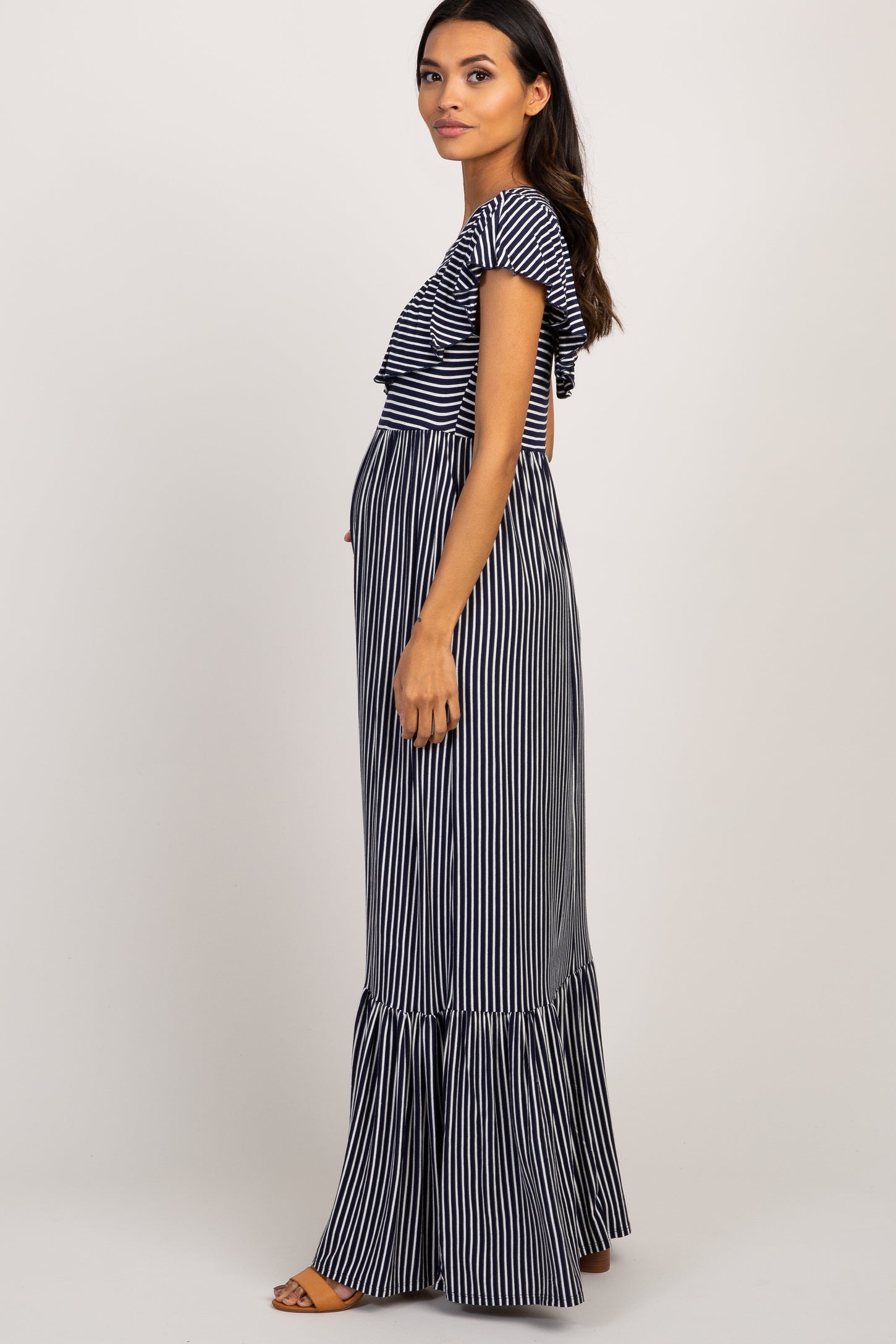 Navy Striped Ruffle Trim Maternity Maxi Dress– PinkBlush