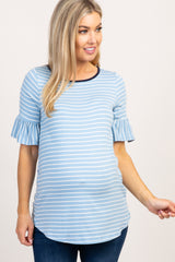 Light Blue Striped Ruffle Sleeve Maternity Top