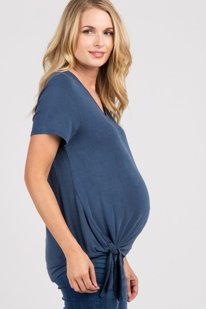 Blue Short Sleeve Knotted Hem Maternity Top