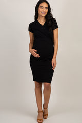 Black Cross Front Short Sleeve Maternity/Nursing Dress