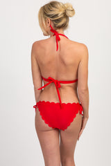 Red Solid Scalloped Bikini Set