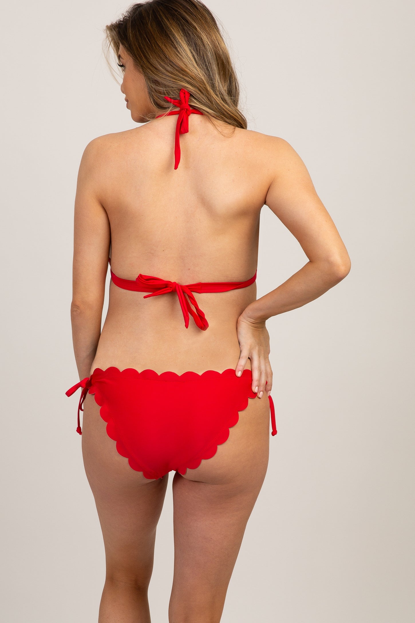 Red Solid Scalloped Maternity Bikini Set