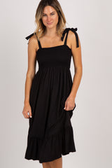 Black Solid Self-Tie Smocked Midi Dress