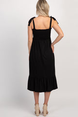 Black Solid Self-Tie Smocked Maternity Midi Dress