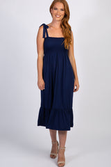 Navy Solid Self-Tie Smocked Midi Dress