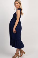 Navy Solid Self-Tie Smocked Maternity Midi Dress
