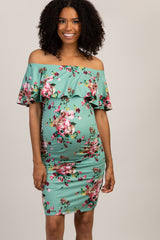 Mint Floral Print Ruffle Fitted Maternity Dress