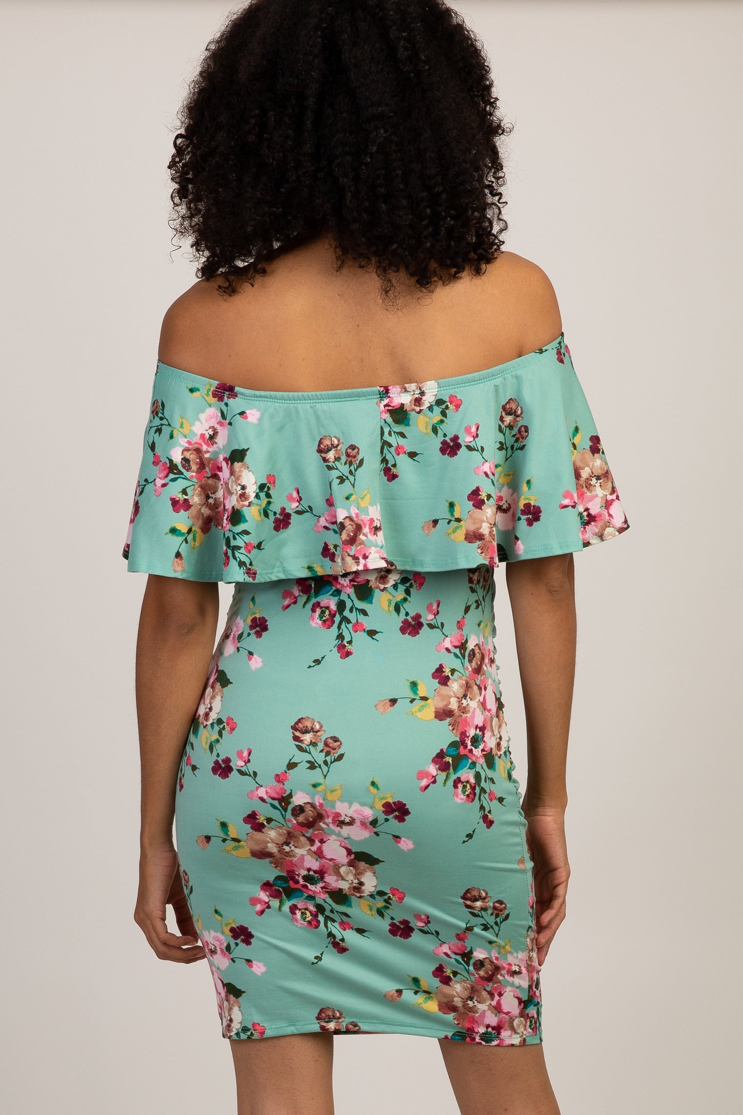 Mint Floral Print Ruffle Fitted Maternity Dress