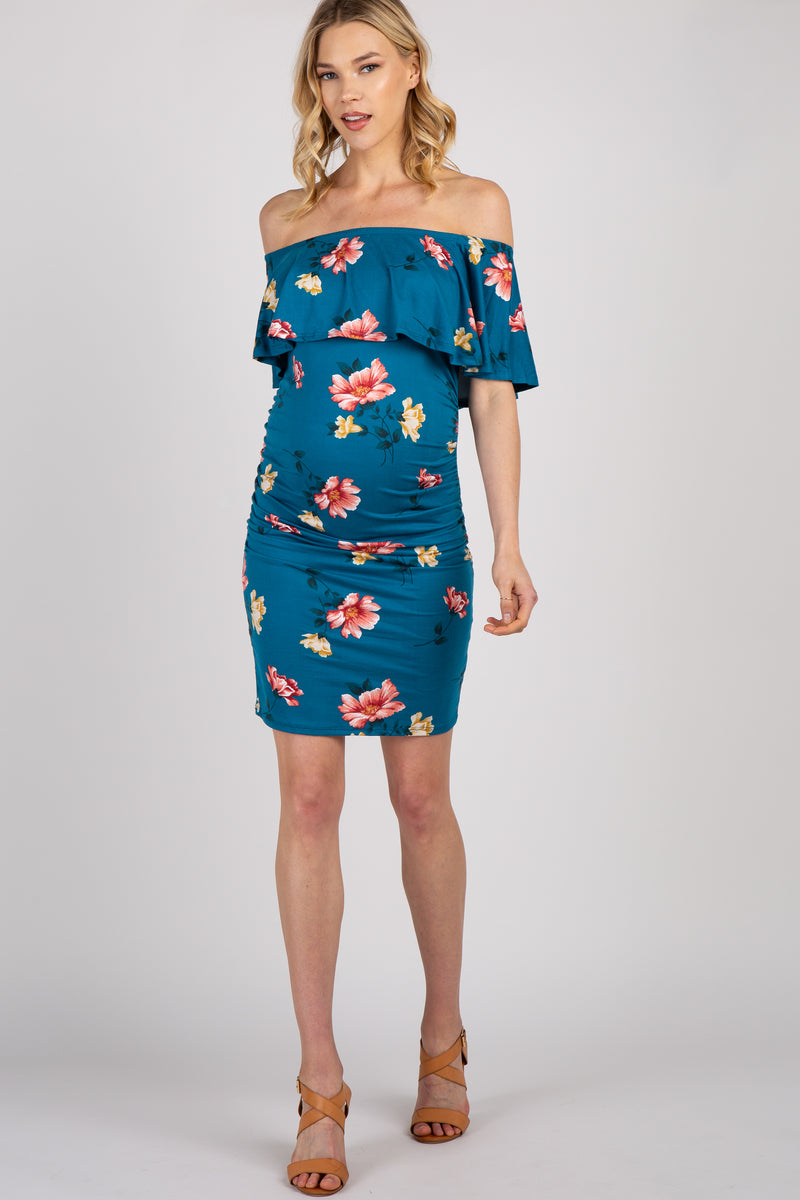 Teal Floral Ruffle Trim Fitted Maternity Dress– PinkBlush