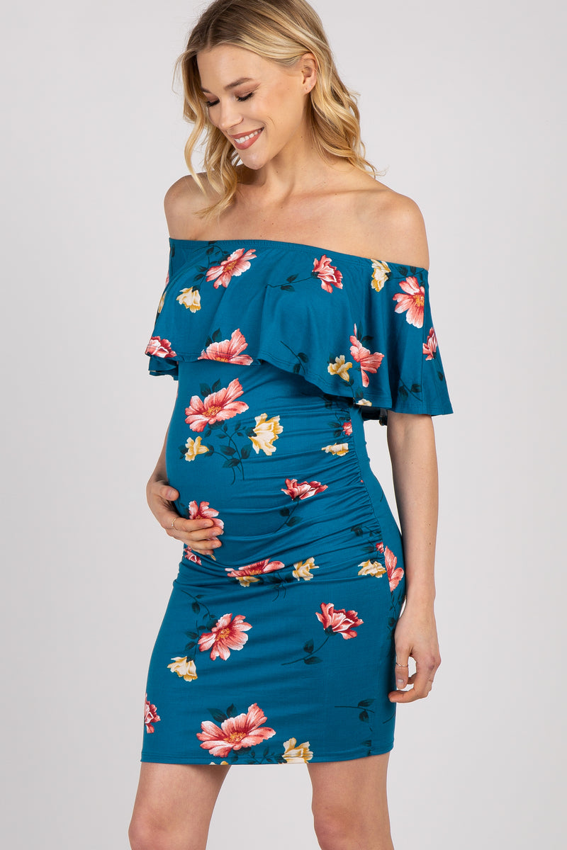Teal Floral Ruffle Trim Fitted Maternity Dress– PinkBlush
