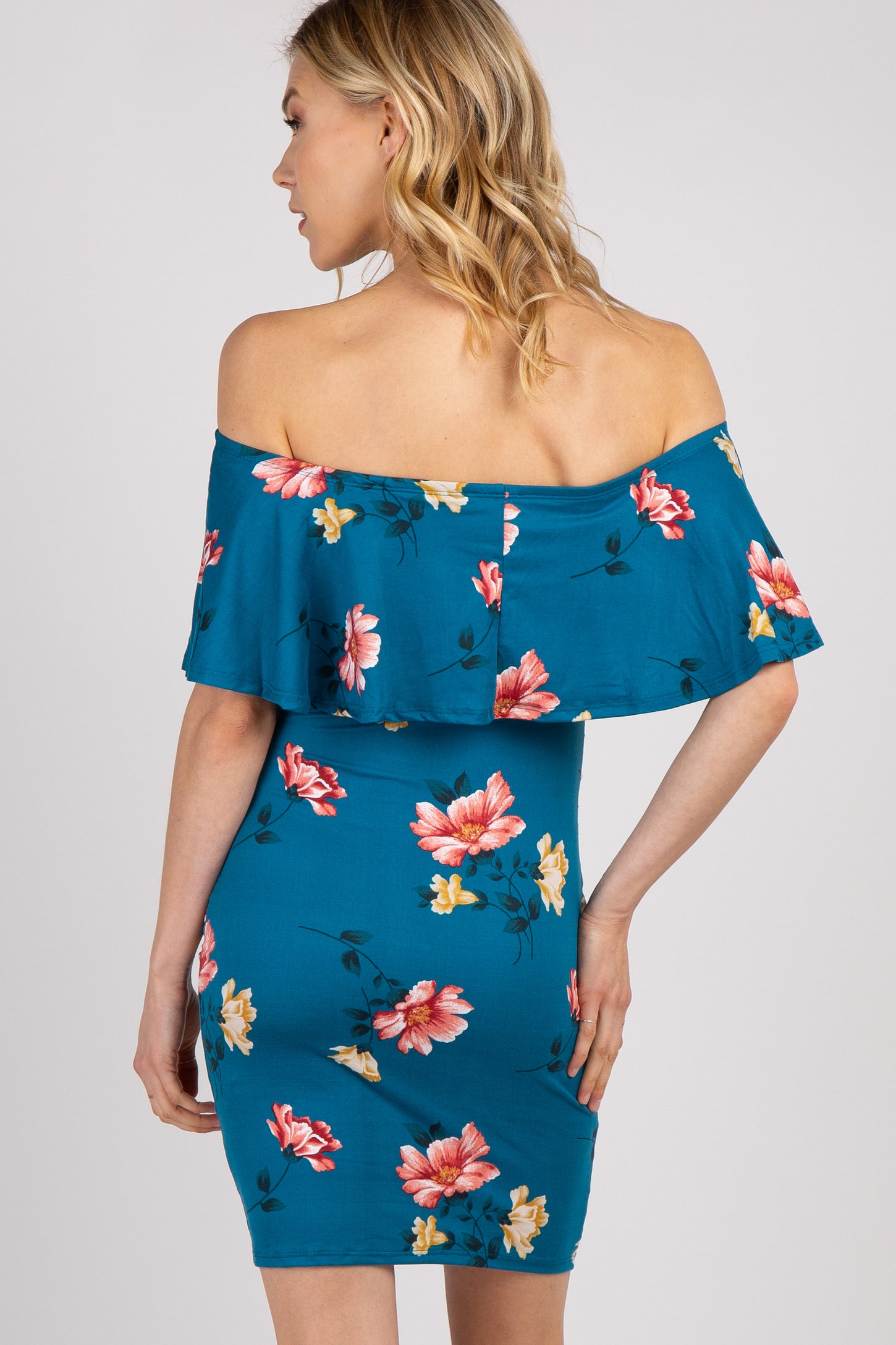 Teal Floral Ruffle Trim Fitted Maternity Dress