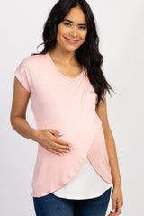 Pink Layered Wrap Front Maternity/Nursing Top