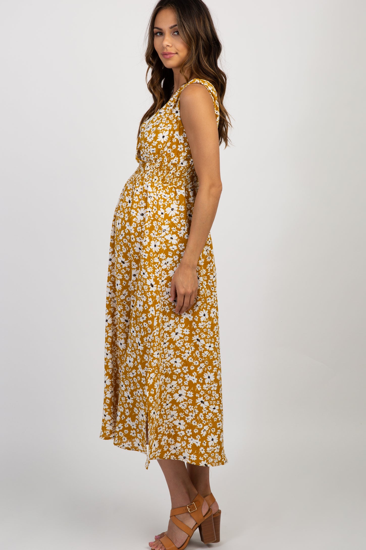 Yellow Floral Wrap Maternity Midi Dress
