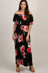 Black Floral Off Shoulder Maternity Maxi Dress