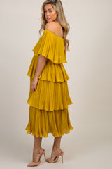 Yellow Solid Off Shoulder Pleated Ruffle Maternity Midi Dress