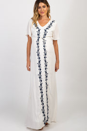 Ivory Embroidered Cinched Maternity Maxi Dress