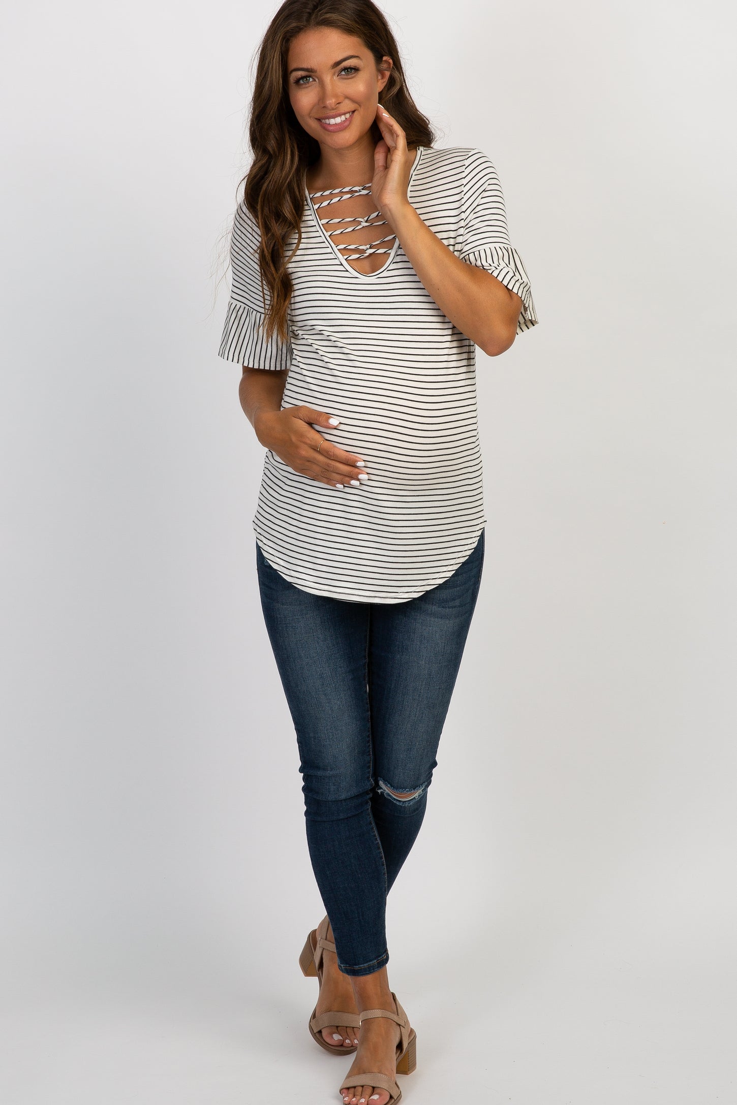 Ivory Striped Caged Crisscross Maternity Top