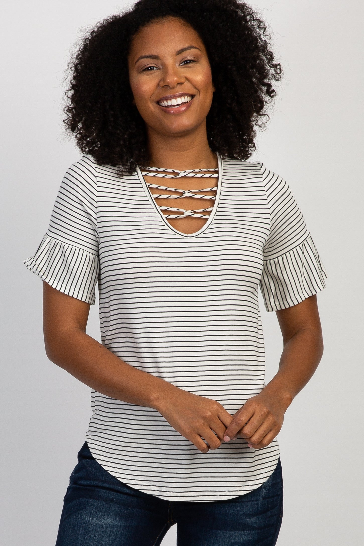Ivory Striped Caged Crisscross Maternity Top