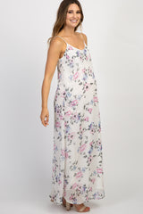 Ivory Floral Chiffon Sleeveless Maternity Maxi Dress