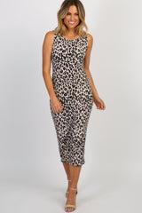 Beige Leopard Print Fitted Maternity Midi Dress