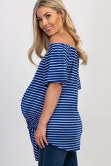 Royal Blue Striped Off Shoulder Tie Front Maternity Top