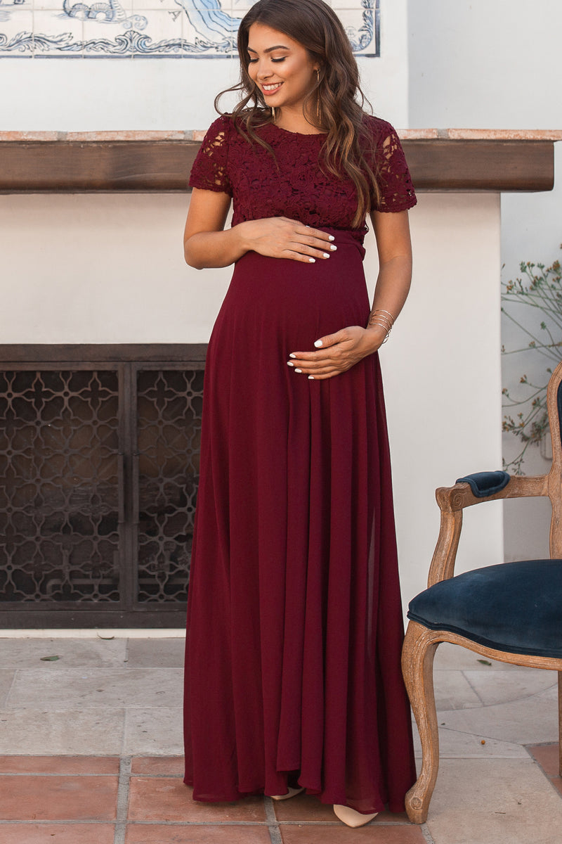 Burgundy Crochet Top Open Back Maternity Evening Gown– PinkBlush