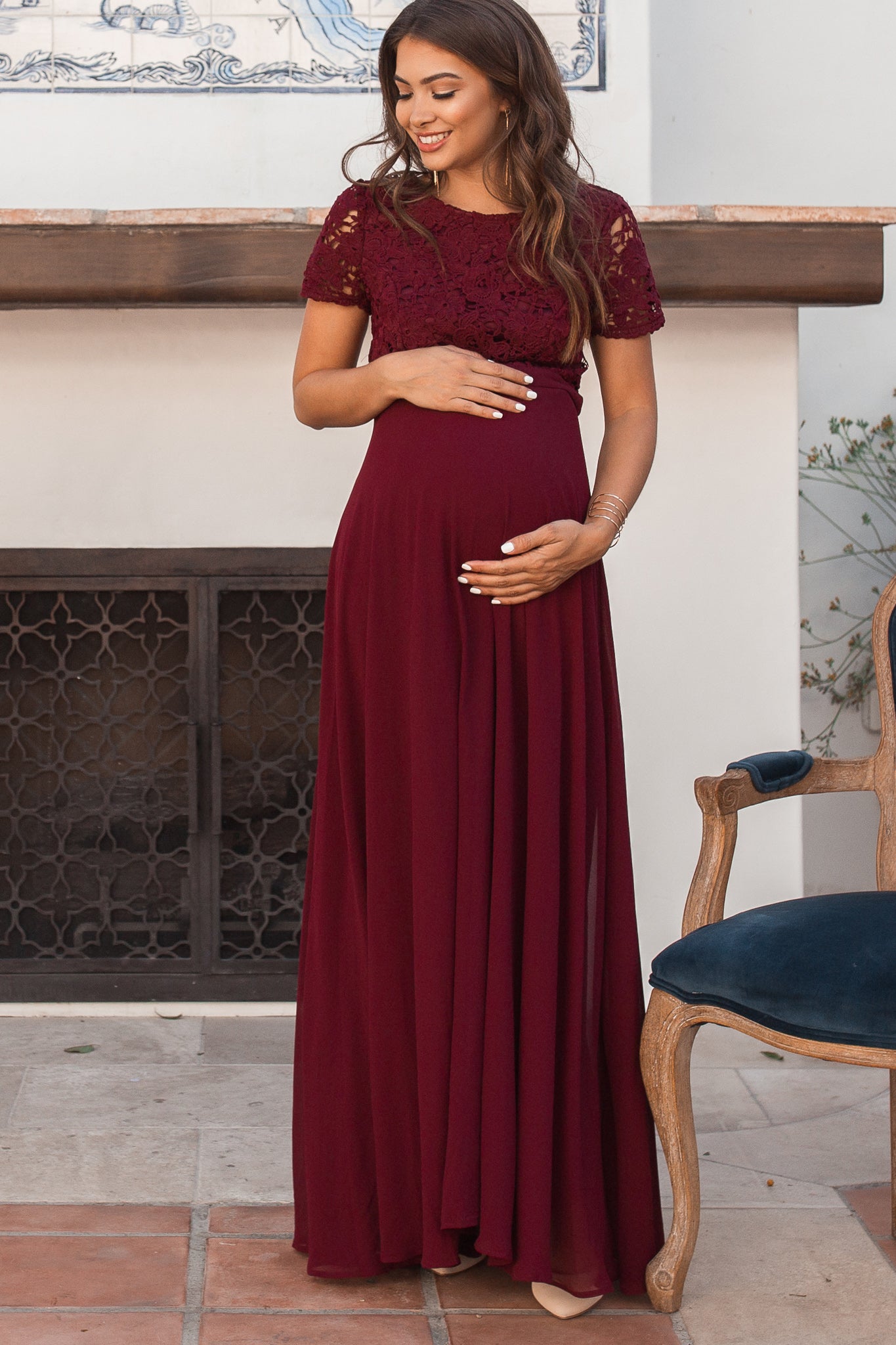 Burgundy Crochet Top Open Back Maternity Evening Gown Burgundy Crochet Top Open Back Maternity Evening Gown