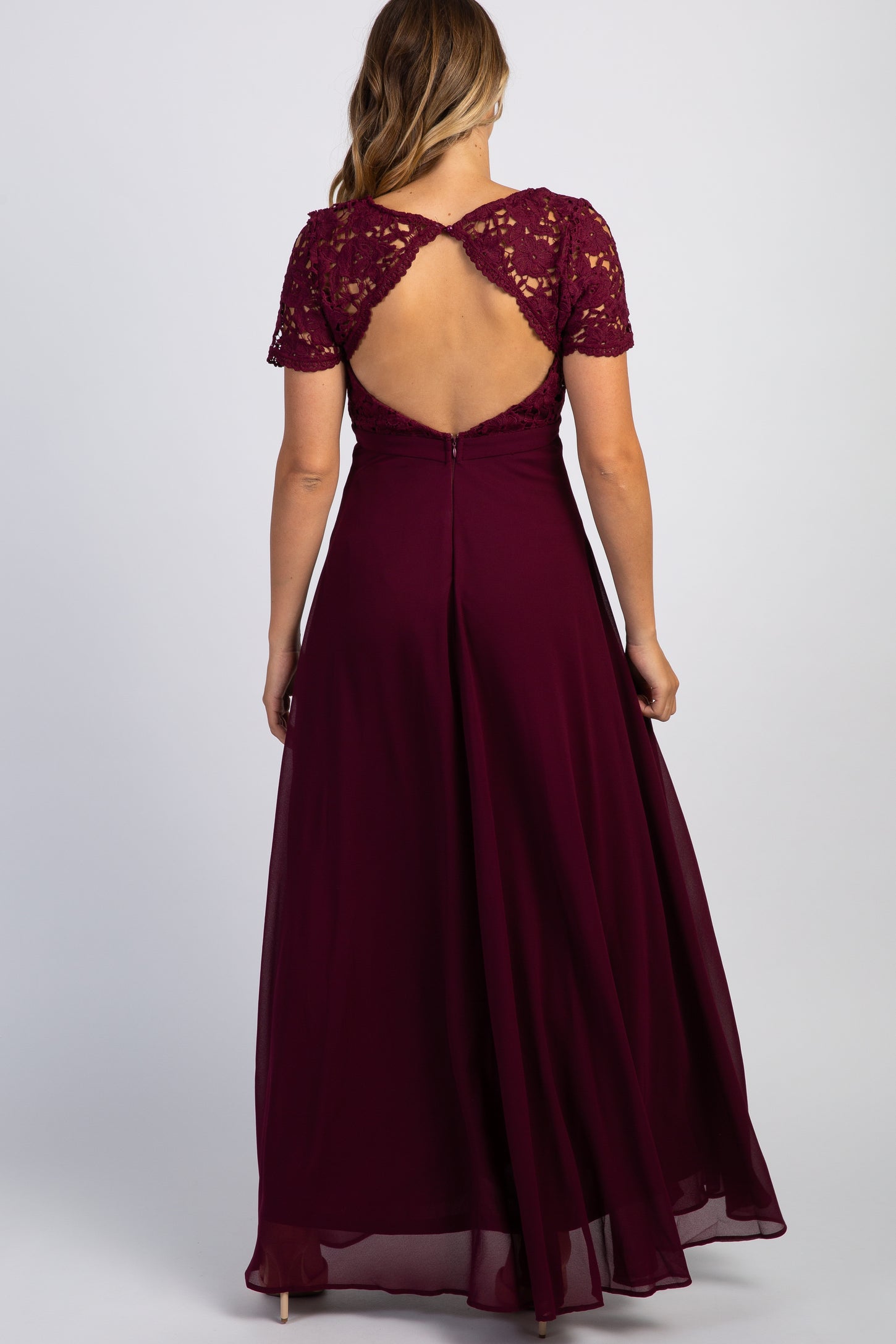 Burgundy Crochet Top Open Back Maternity Evening Gown PinkBlush Burgundy Crochet Top Open Back Maternity Evening Gown PinkBlush