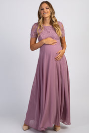 Mauve Crochet Top Open Back Maternity Evening Gown