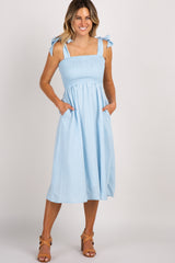 Light Blue Strap Tie Smocked Maternity Dress