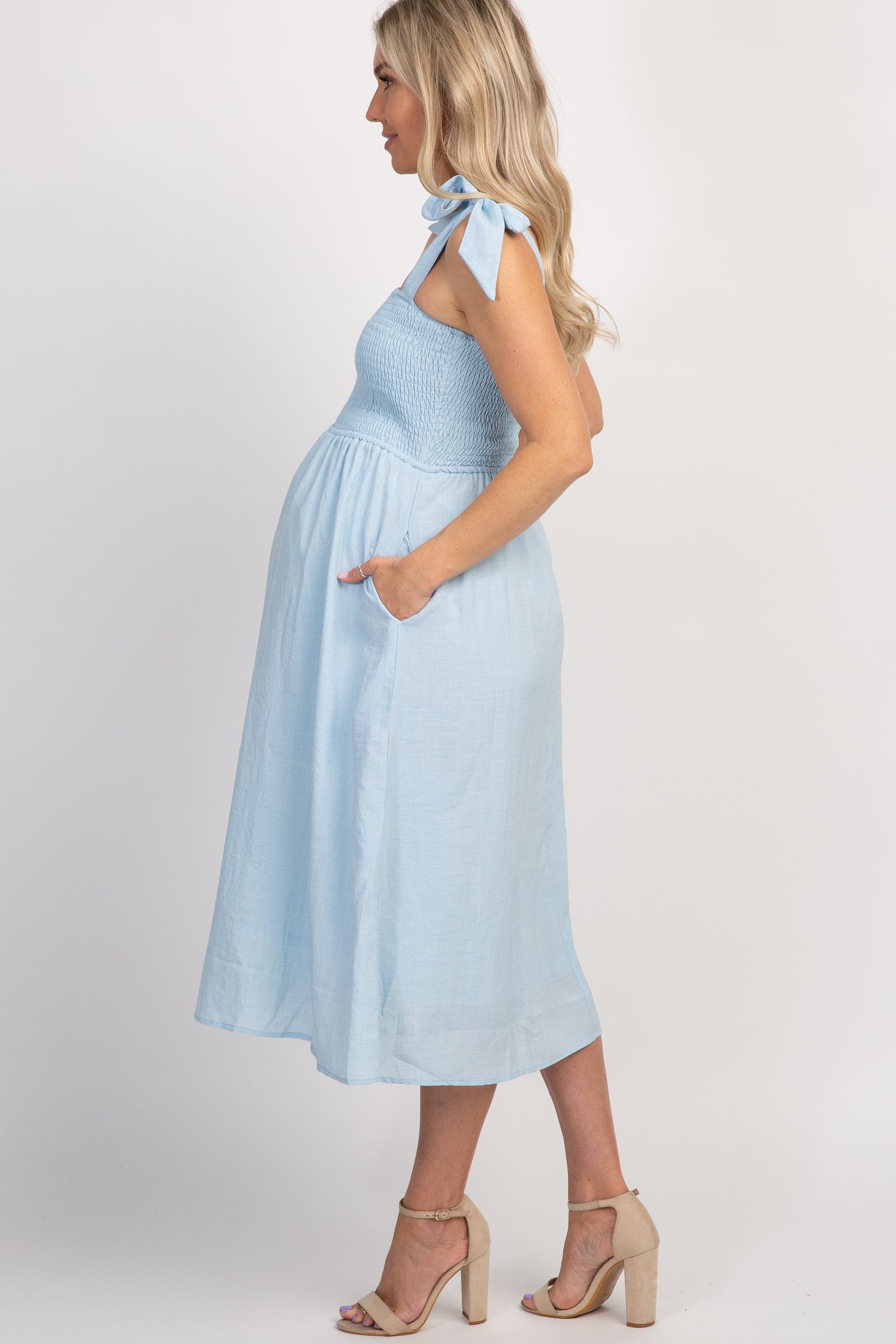 Light Blue Strap Tie Smocked Maternity Dress
